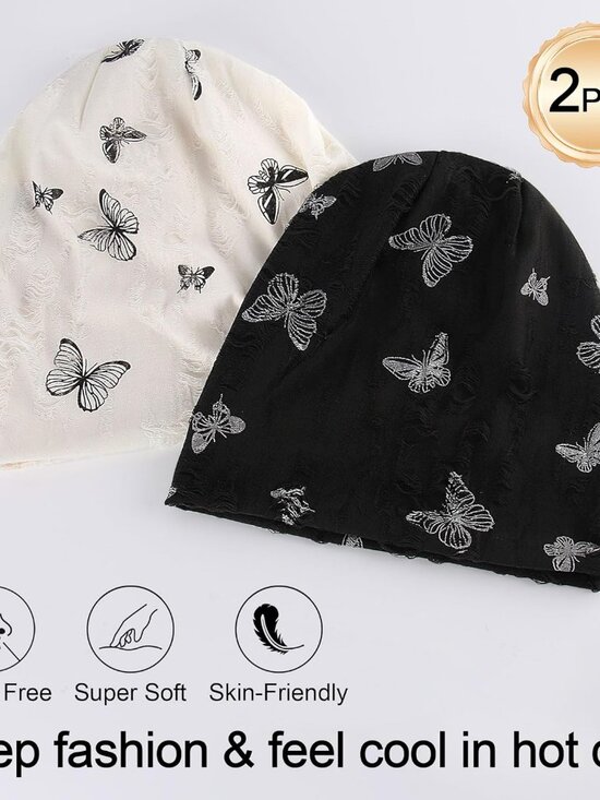 Women's Summer Beanie Boho Hats Adult Dwarf Hats Chemo Cap Pack Of 2 Butterfly - Picture 2 of 6
